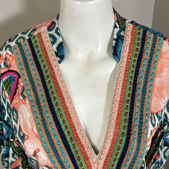 Blnk London Anthropologie STEPHANIE Blue Red Floral V Neck Top Embroiderd Sz S - Picture 3 of 16